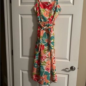 julia jordan Coral, Teal & Green Floral Maxi Dress with Tie Waist and Pockets